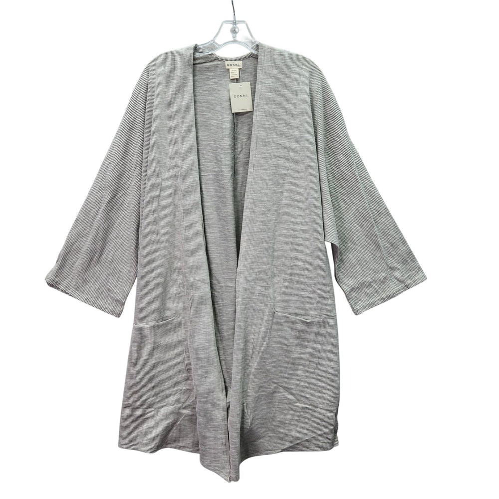 DONNI One Size Plus Grey Striped Kimono Cardigan Lightweight Open Front Pockets